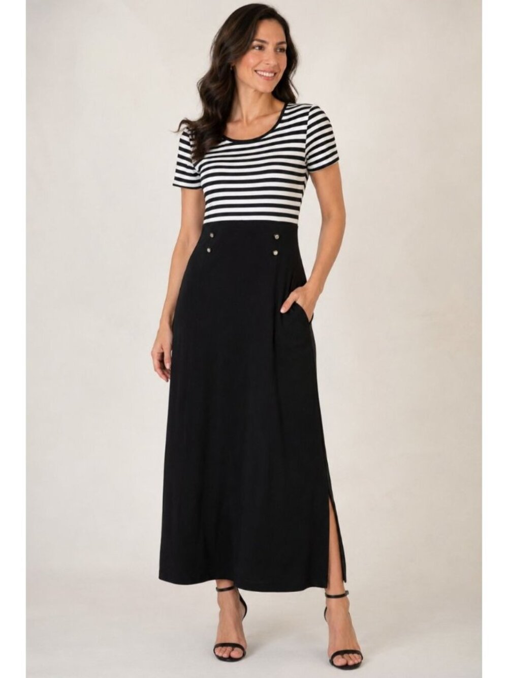 Vtg 80s Nautical Maxi Dress Sailor Girl Black & White Striped Size16